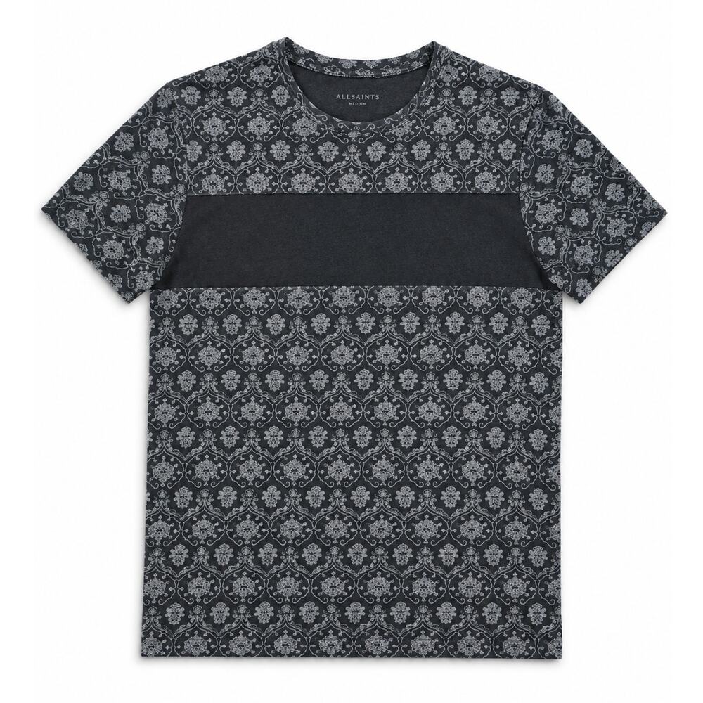 AllSaints Crest Short Sleeve Crew Tee Gray Black Cotton Fits Like a Large